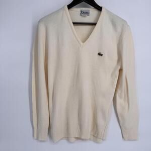 Vintage Izod Lacoste Sweater Mens Medium White Knit V Neck Pullover USA 60s